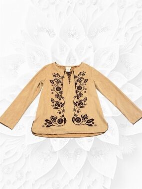Embroidered Split-Neck Blouse - Camel